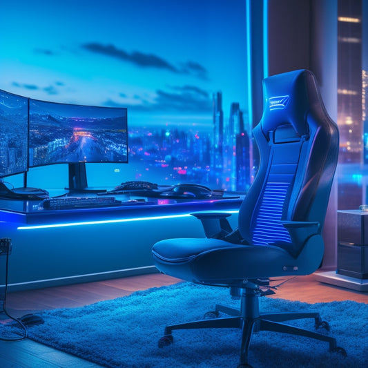 A darkened gaming setup with neon-lit accents, a sleek gaming chair, and a large, curved monitor displaying a futuristic cityscape with vibrant, electric blue hues and dynamic, swirling patterns.