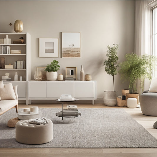 A serene, minimalist living room with a neutral color palette, featuring a sleek, low-profile shelving unit, a plush area rug, and a few, carefully placed, decorative objects.