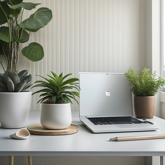 A serene, minimalist desktop with a sleek laptop, surrounded by a few, carefully arranged office supplies, and a small potted plant, set against a soft, creamy background.
