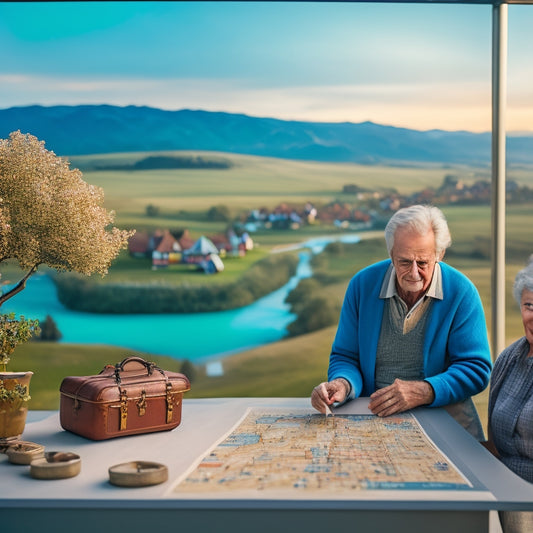 A serene landscape featuring a retired couple in their 60s standing in front of a large, unfolded map, surrounded by miniature houses and a few suitcases, with a faint cityscape in the background.