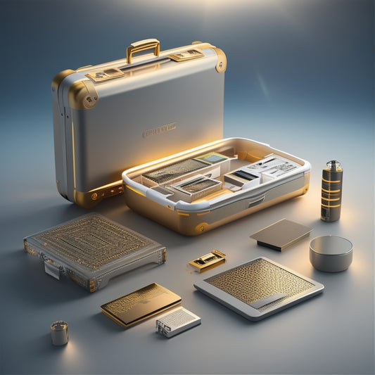 A futuristic, minimalist illustration featuring a suitcase with a subtle circuit board pattern, surrounded by various portable storage devices, such as SSDs and flash drives, in a warm, golden light.