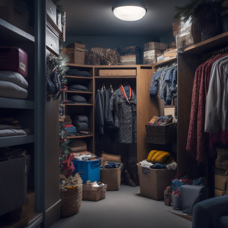 A dimly lit, cramped closet with cluttered shelves, overflowing storage bins, and tangled holiday decorations, surrounded by dusty winter coats and forgotten seasonal items, with a sense of chaos and disorganization.