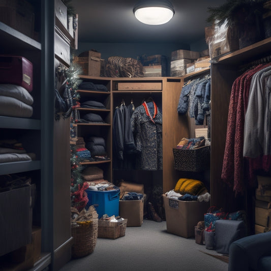A dimly lit, cramped closet with cluttered shelves, overflowing storage bins, and tangled holiday decorations, surrounded by dusty winter coats and forgotten seasonal items, with a sense of chaos and disorganization.
