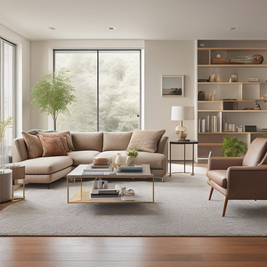 A serene, clutter-free living room with a minimalist sectional sofa, a few, carefully-placed decorative objects, and a floor-to-ceiling storage unit with sliding glass doors.