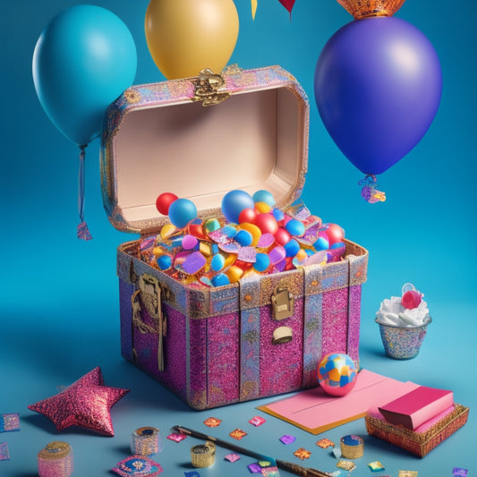 A colorful, whimsical illustration of a treasure chest overflowing with neatly organized printables, such as calendars, to-do lists, and stickers, surrounded by confetti and balloons.
