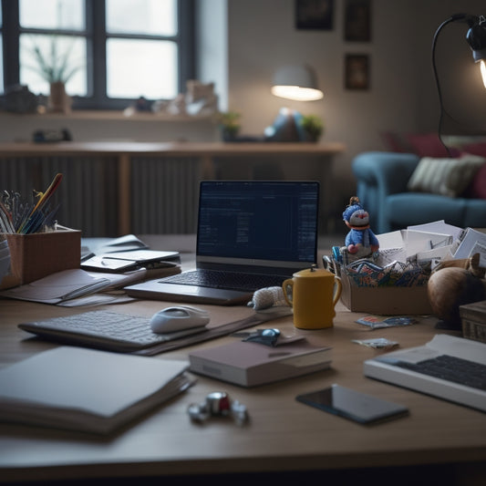 A cluttered living room with piles of papers, broken toys, and tangled cords, contrasted with a sleek laptop and minimalistic desk in the background, highlighting the need for digital organization.