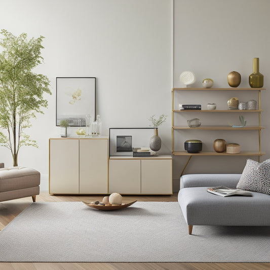 A serene, modern living room with a minimalist aesthetic, featuring a sleek, low-profile shelving unit, a tidy, labeled storage ottoman, and a few, carefully curated decorative items.