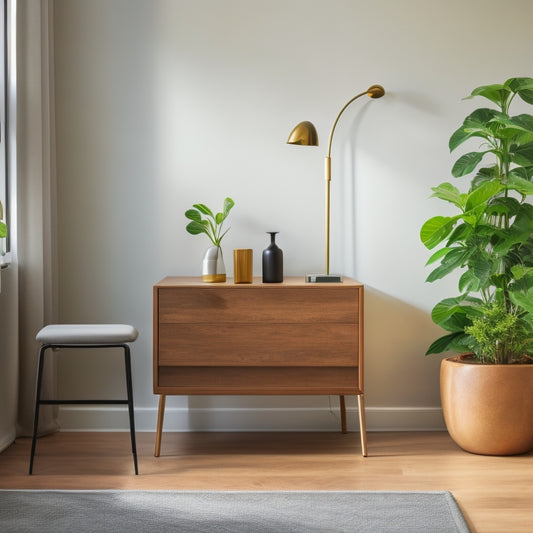 A serene, minimalist living room with a sleek, low-profile storage ottoman, a minimalist desk with a few, carefully-placed office supplies, and a lush green plant on a simple, wooden side table.