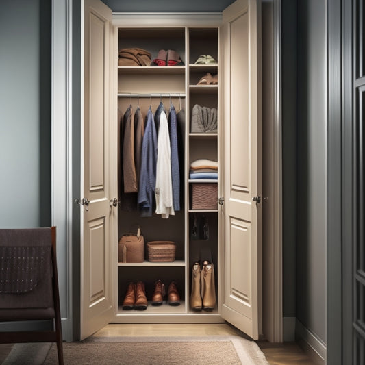 Illustrate a narrow closet with a telescoping clothes rod, stacked shelves, and a shoe organizer on the back of the door, showcasing efficient use of vertical space and clever storage solutions.