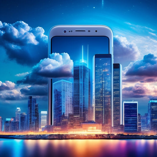 A colorful, futuristic illustration of a smartphone screen displaying multiple storage app icons, surrounded by swirling clouds of organized files and folders, with a subtle cityscape in the background.