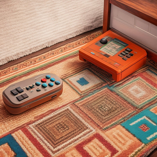 A nostalgic 8-bit console, WAP-002, sits on a retro-patterned carpet, surrounded by scattered user manuals, cartridges, and controllers, with a few stray pixels and dust particles adding a sense of vintage nostalgia.