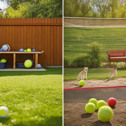 A split-screen image featuring a messy backyard with scattered tennis balls on the left, and a tidy backyard with a BESPORTBLE Ball Retriever holding multiple tennis balls on the right.