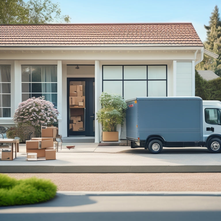 A serene and organized moving scene: a sleek, grey moving truck parked in front of a tidy, modern home, with boxes and furniture arranged in a harmonious, color-coded system.