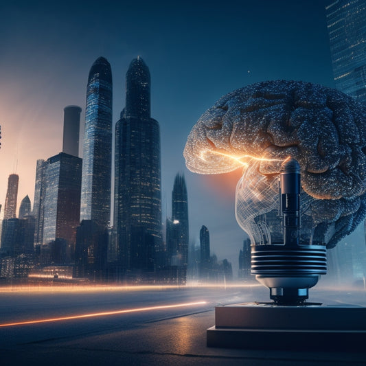 A futuristic, high-contrast illustration featuring a human brain with glowing lightbulbs and sparks surrounding it, set against a cityscape with sleek, modern storage units and robots in motion.