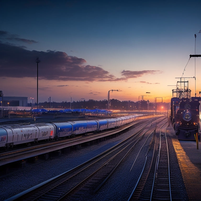 A futuristic rail yard at dusk, with sleek, silver railcars and locomotives adorned with TrinityRail's logo, surrounded by cranes, gantries, and modern facilities, with subtle steam and light effects.