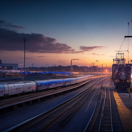A futuristic rail yard at dusk, with sleek, silver railcars and locomotives adorned with TrinityRail's logo, surrounded by cranes, gantries, and modern facilities, with subtle steam and light effects.