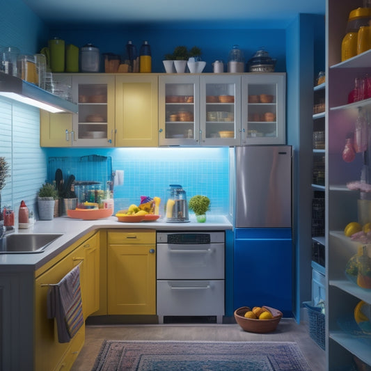 A brightly lit, modern kitchen with a partially open refrigerator door, revealing a tidy, organized interior with color-coded baskets, stacked containers, and a pegboard on the door.