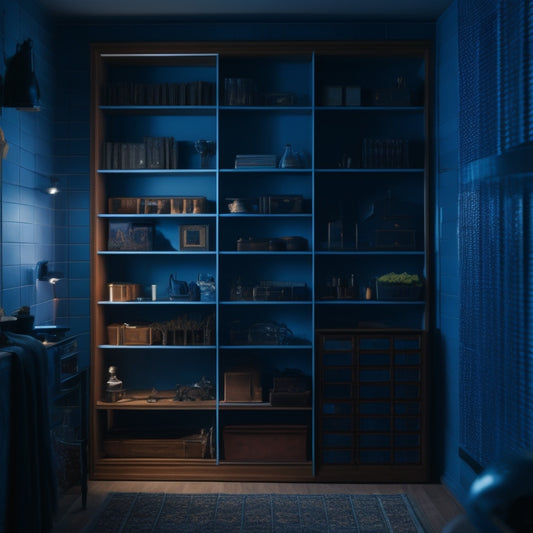 A dimly lit apartment interior with a subtle grid pattern on the walls, revealing hidden storage compartments and secret shelves, lit by a faint, eerie blue glow.