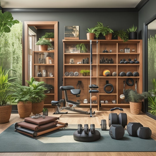 An image of a compact home gym with floor-to-ceiling shelves in a warm wood tone, holding neatly arranged dumbbells, resistance bands, and folded exercise mats, surrounded by mirrored walls and a few potted plants.
