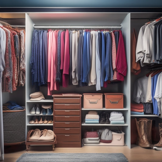 A cluttered closet with clothes spilling out, shoes stacked haphazardly, and a messy floor, contrasted with a sleek, organized section in the background, featuring double rods, shelves, and a storage bench.