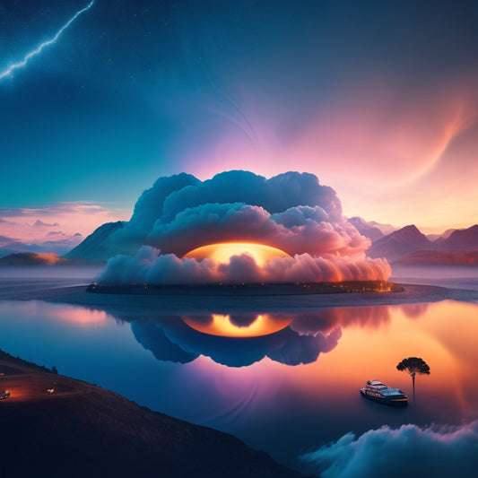 A futuristic, minimalist landscape with a large, glowing cloud in the center, surrounded by orbiting camera lenses, smartphones, and tablets, with subtle, swirling lights representing data transfer.