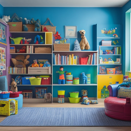A colorful, clutter-free playroom with toys and books neatly stored in labeled bins and shelves, a happy child in the center, surrounded by a few toys, with a calm and organized atmosphere.