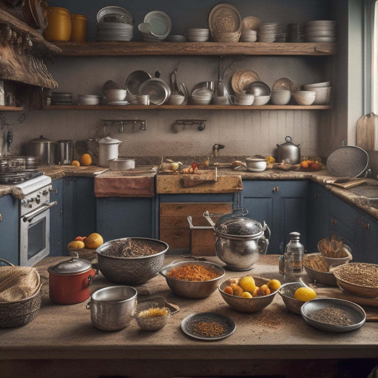 An overflowing kitchen counter with stacked dirty dishes, scattered cooking utensils, and a jumbled mess of spices, surrounded by cramped cabinetry and a distressed chef in the background.