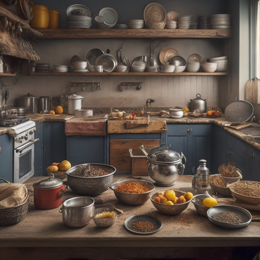 An overflowing kitchen counter with stacked dirty dishes, scattered cooking utensils, and a jumbled mess of spices, surrounded by cramped cabinetry and a distressed chef in the background.