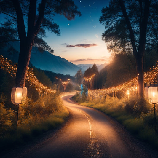 A winding road stretches into the distance, flanked by towering trees with glowing lanterns, leading to a shining Okta logo at the summit, surrounded by a halo of light and confetti.