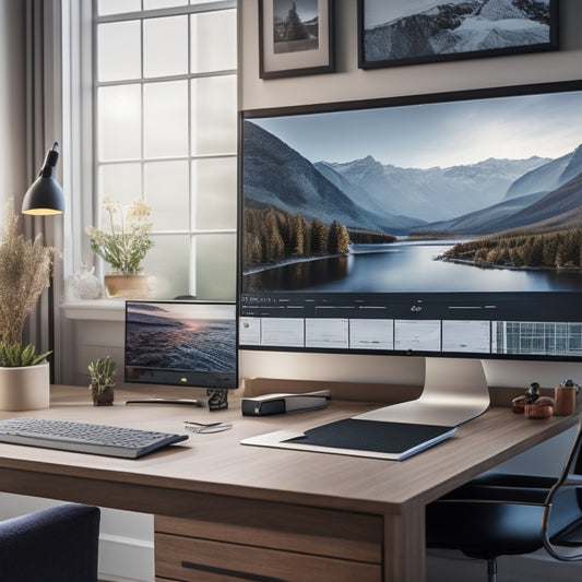 A modern, clutter-free home office with a sleek desk, a large monitor displaying a custom organizational app, and a few neatly arranged files and pens, surrounded by a calm, natural background.