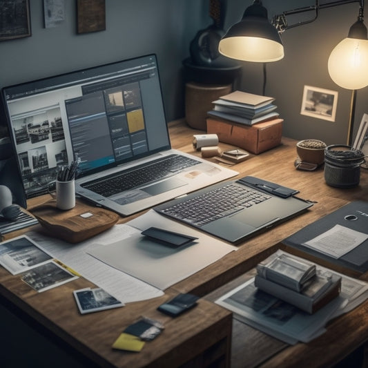 A cluttered desk with scattered papers, folders, and a laptop, transformed into a tidy space with a single laptop and a few organized files, surrounded by faint digital storage icons.
