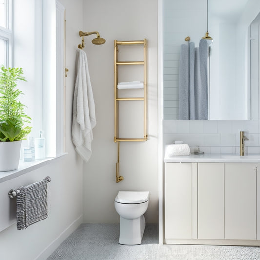 A serene, white, and minimalist small bathroom with a wall-mounted sink, a toilet, and a shower area, featuring a recessed medicine cabinet, a pedestal storage unit, and a hanging towel rack.