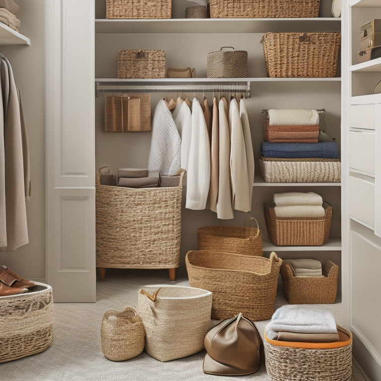 A tidy closet interior with a mix of woven wicker and fabric storage baskets in various sizes, arranged on shelves and floor, holding folded clothes, shoes, and accessories.