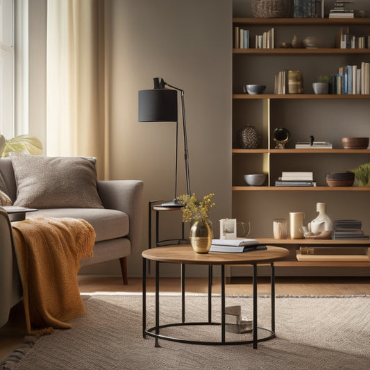 A serene, clutter-free living room with a tidy coffee table, a few neatly arranged books on a minimalist shelf, and a small, elegant desk with a single, open notebook and a pen.
