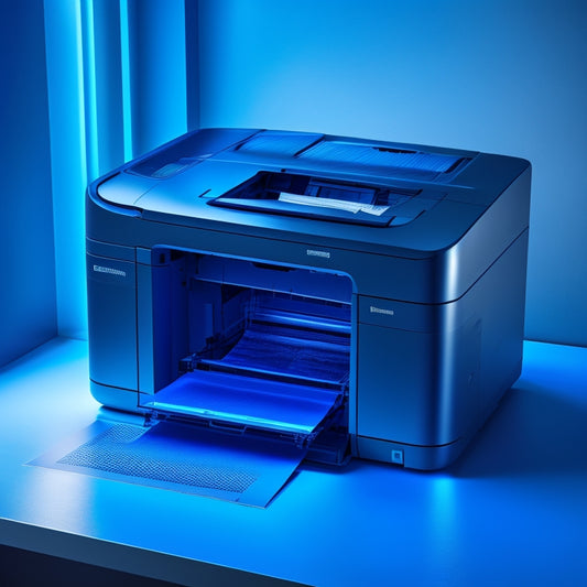 A futuristic, sleek multifunction printer with glowing blue accents and a large touchscreen display, surrounded by swirling streams of paper and toner cartridges in mid-air, against a dark gray background.