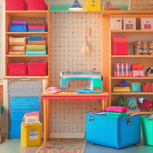 A tidy sewing room with a pegboard displaying colorful pattern envelopes, a vintage suitcase storing folded paper patterns, and a repurposed bookshelf holding neatly labeled plastic bins.