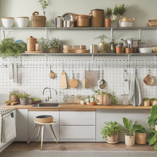 A clutter-free small kitchen with a pegboard on the wall, a hanging pot rack, and a tiered cart with baskets, surrounded by a few utensils and a small potted plant.