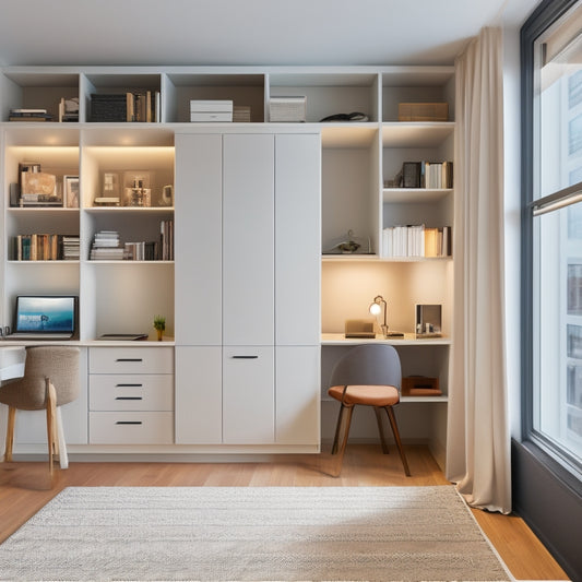 A clutter-free, minimalist apartment with a Murphy bed, retractable desk, and multi-tiered shelving, showcasing cleverly hidden storage compartments and maximizing vertical space.