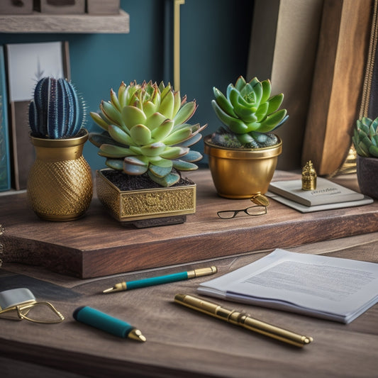 A beautifully styled desk with a DIY organizer made of reclaimed wood and gold metal accents, surrounded by colorful pens, papers, and a few decorative succulents.