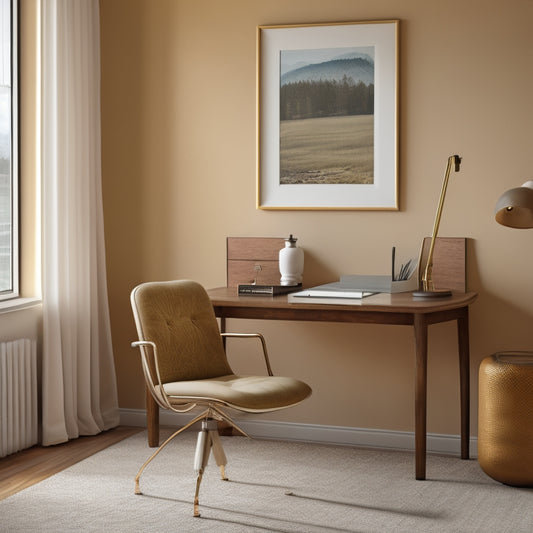 A serene, minimalist workspace with a tidy desk, a few organized files, and a single, elegant chair, set against a warm, beige background with subtle hints of the Tennessee state flag's colors.