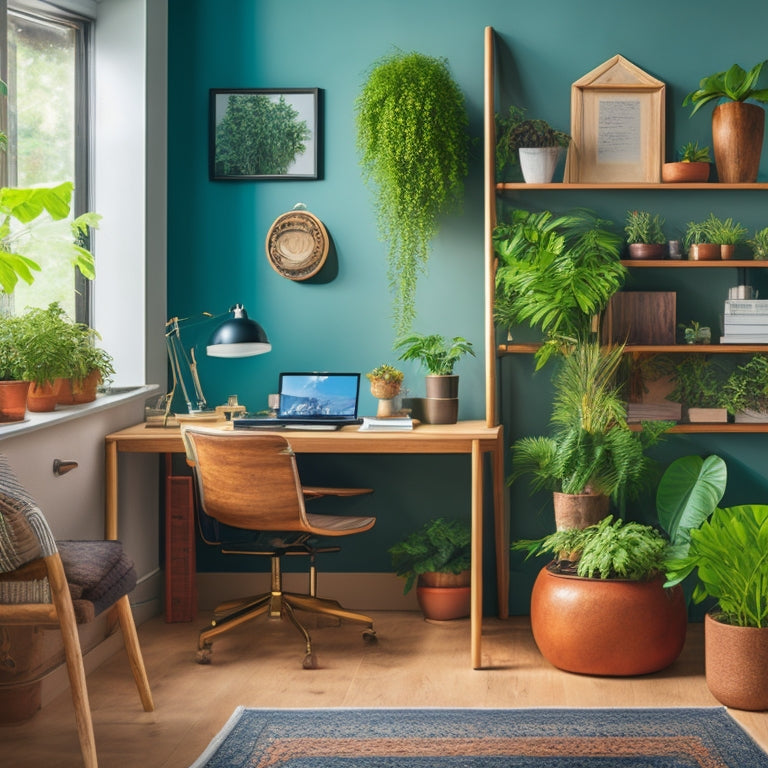 A serene, well-lit home office with a minimalist desk, a sleek, wall-mounted shelving unit, and a colorful, labeled file organizer, surrounded by lush green plants and a few, carefully placed, inspirational objects.