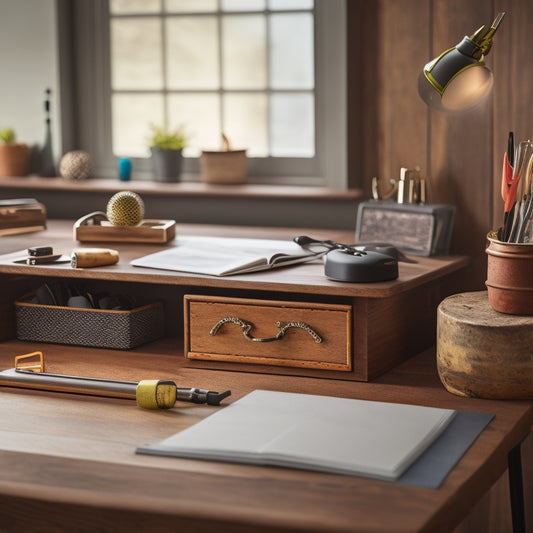 A tidy, modern desk with a wooden top and metal legs, featuring a custom Cricut tool organizer made from reclaimed wood, adorned with metal knobs and tiny decorative screws.