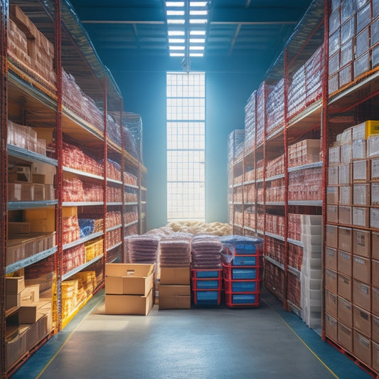 A serene, well-organized storage facility with rows of shelves, stacked crates, and colorful bins, illuminated by soft natural light pouring through large windows and skylights.