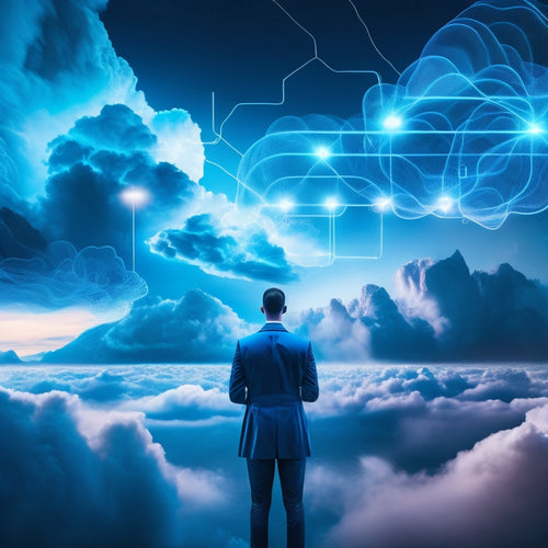 A futuristic, sleek, and modern illustration of a person surrounded by floating digital devices, with glowing blue circuits and wires connecting them to a large, shimmering cloud in the background.