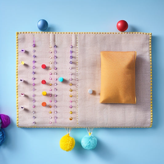 A colorful, modern fabric wall organizer with 5 rectangular pockets of varying sizes, adorned with white pom-poms and golden rivets, hangs against a soft, light gray background.