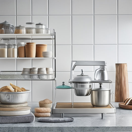 A clean and modern kitchen countertop with a organized array of baking supplies, including a three-tiered stand holding mixing bowls, a utensil holder with a pastry brush and whisk, and a small shelf with stacked baking books.