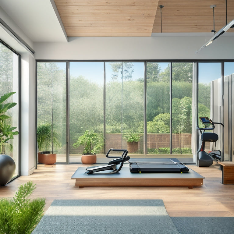 A minimalist home gym with a mirrored wall, foldable treadmill, and compact exercise bike, surrounded by sleek storage units and a few well-placed plants, lit by a large skylight.