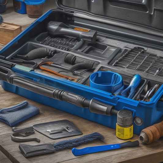 A close-up of a Ford Ranger's engine bay with a socket wrench and pliers laid out on a clutter-free workbench, surrounded by neatly organized toolboxes and a checkered floor mat.