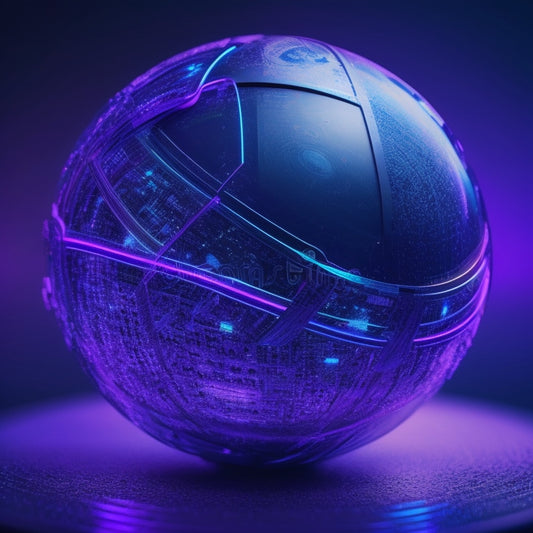 A futuristic, metallic sphere with glowing blue circuits, surrounded by orbiting data streams in shades of purple and green, against a dark, gradient background with subtle, neon accents.