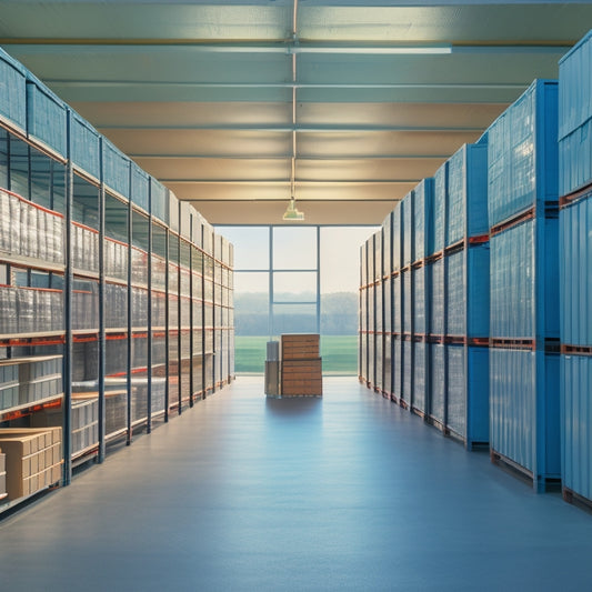A serene, well-lit storage facility interior with rows of sturdy, gray metal shelves, stacked with neatly organized boxes and bins, amidst a subtle background of Hampton, NH's scenic landscape.